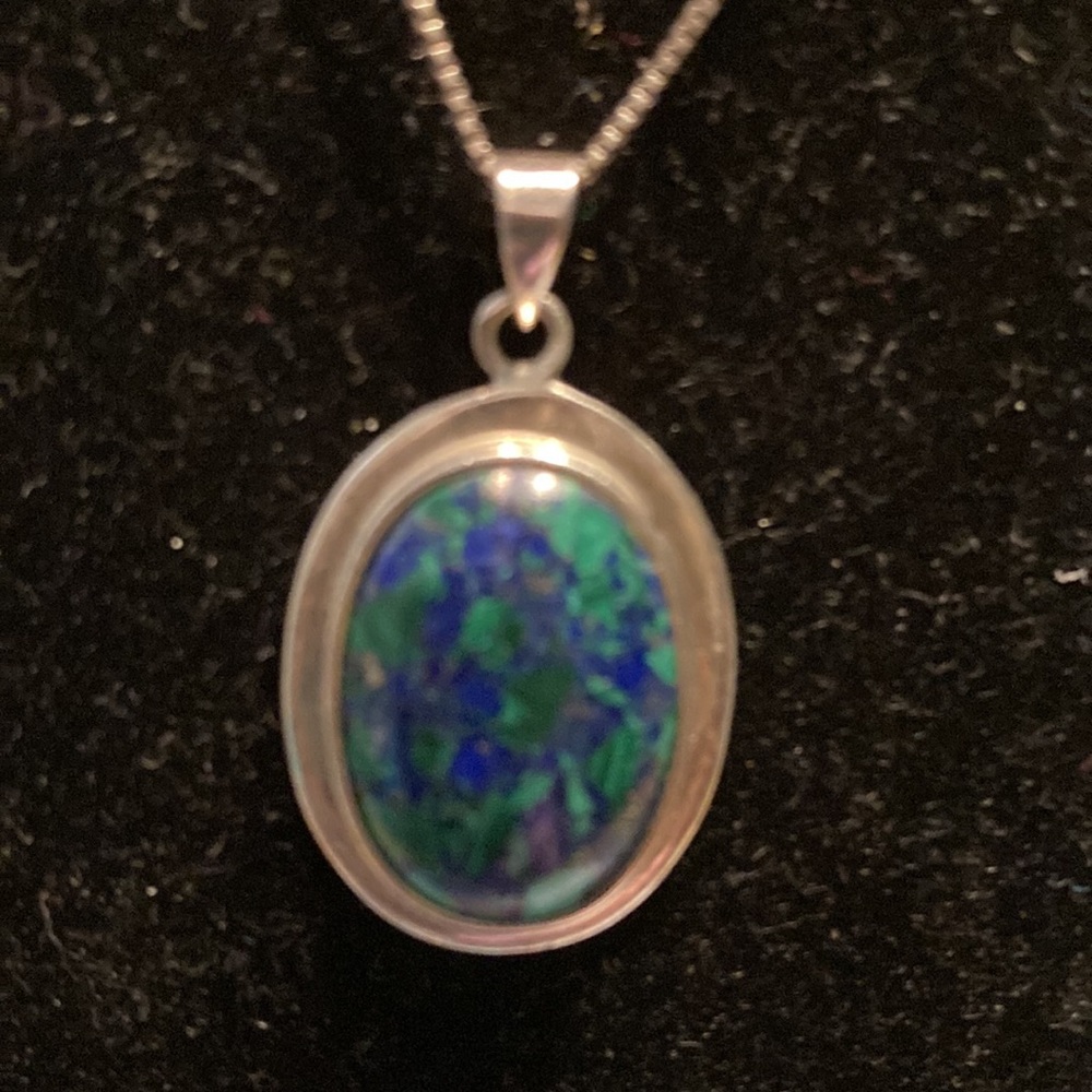 925  Sterling Silver and Blue-Green Pendant Necklace